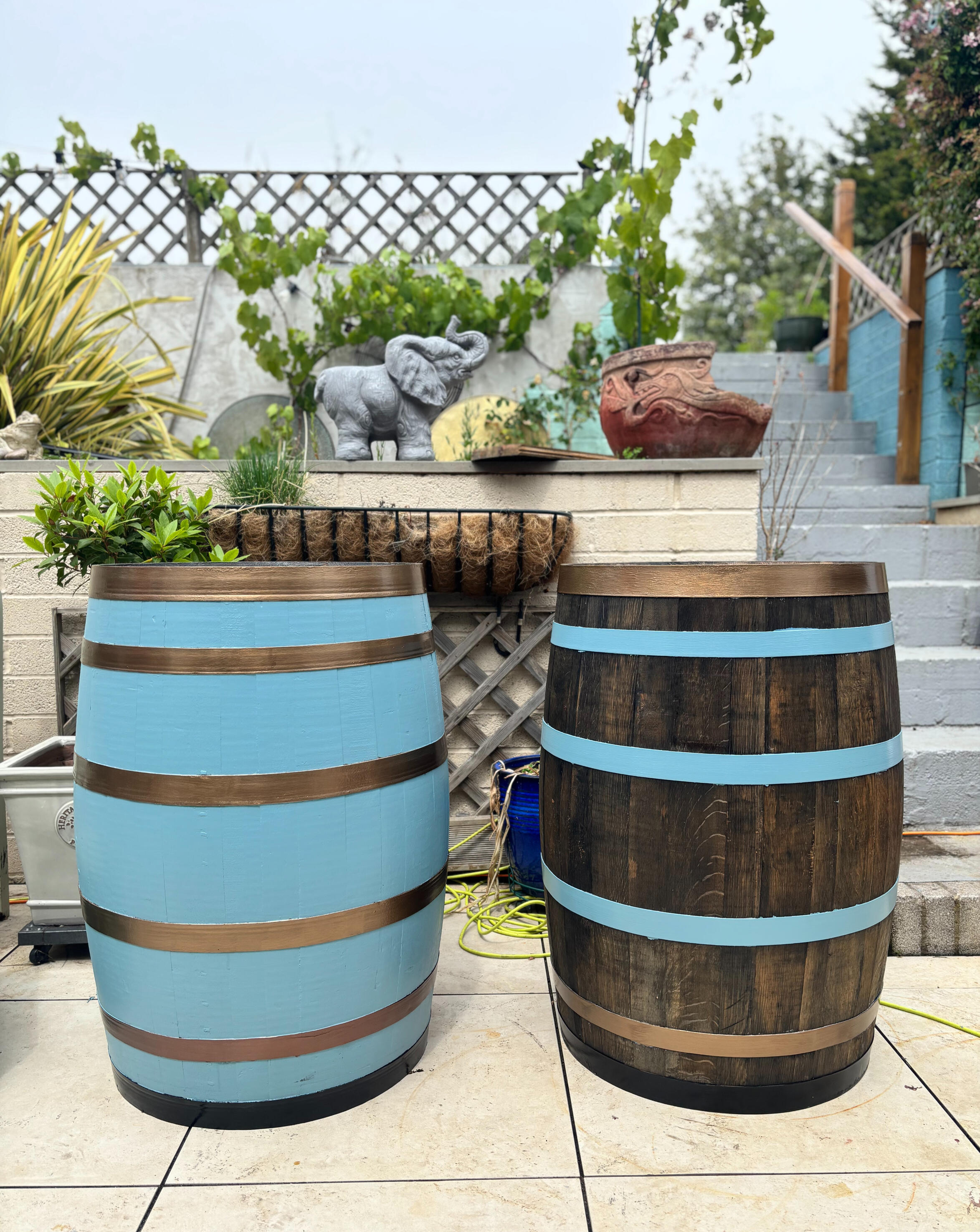 Restored whisky barrel planter